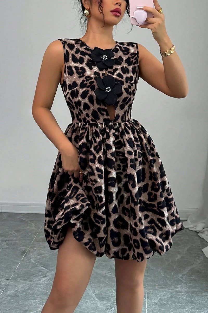 CWDSD8243_BOLD LEOPARD FLORAL APPLIQUE SLEEVELESS DRESS