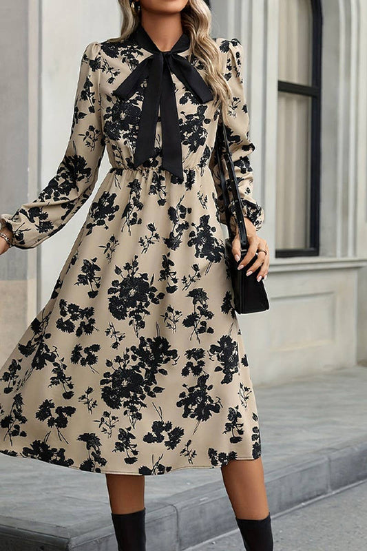 CWDMD5358_FLORAL LONG SLEEVE TIE NECK A-LINE MIDI DRESS