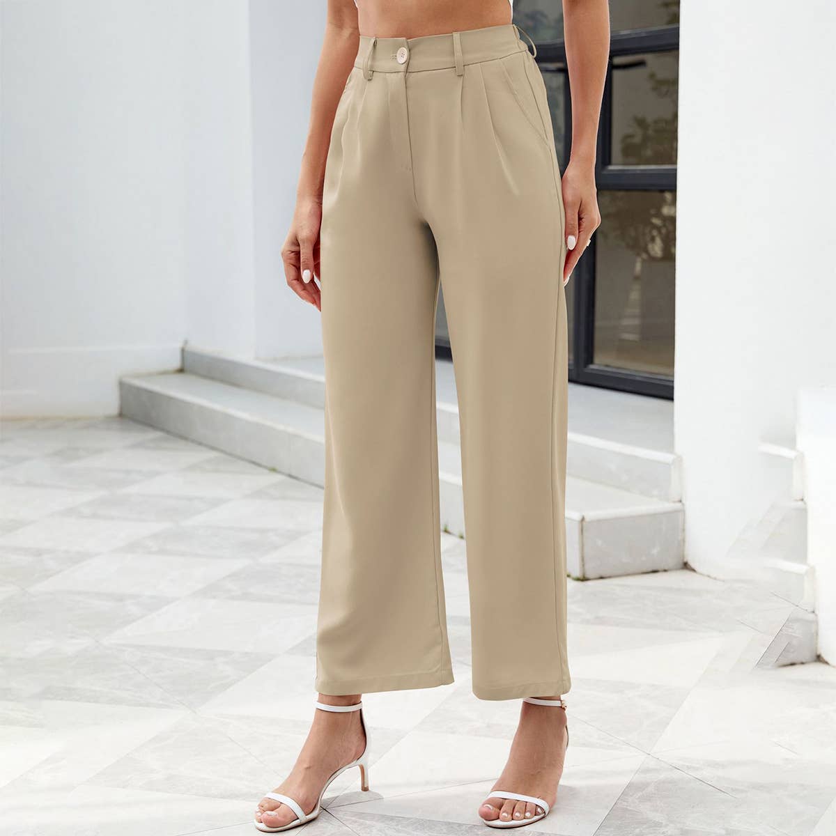High-waisted solid-color long straight-leg pants