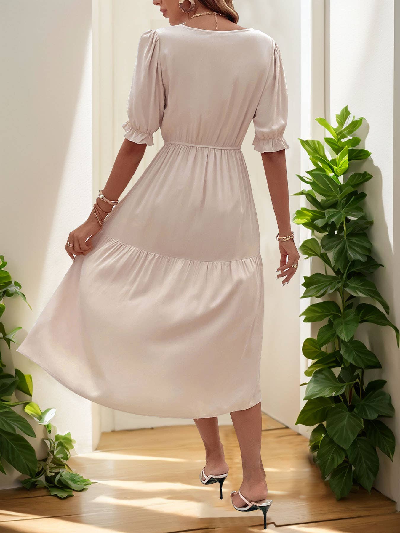 SOLID COLOR DRESS WITH WAISTED V-NECK