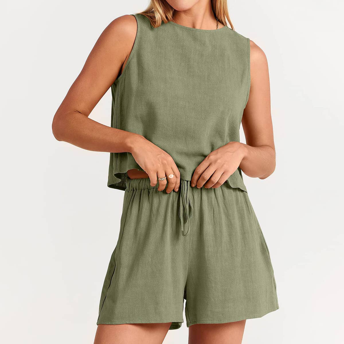 STYLISH SLEEVELESS BLOUSE SHORTS TWO PIECE SET_CWSTB0495