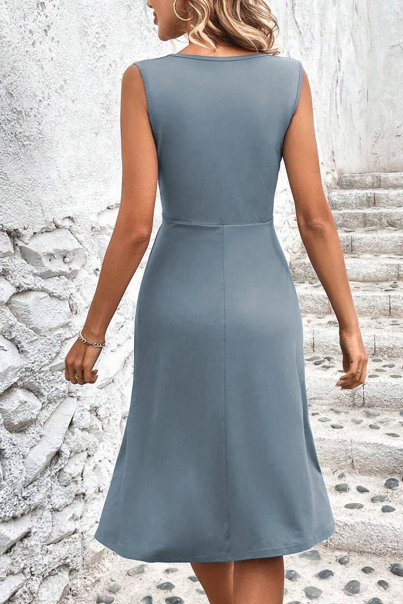 CWDMD5881_V NECK CROSS WAIST RUCHED SLEEVELESS MIDI DRESS