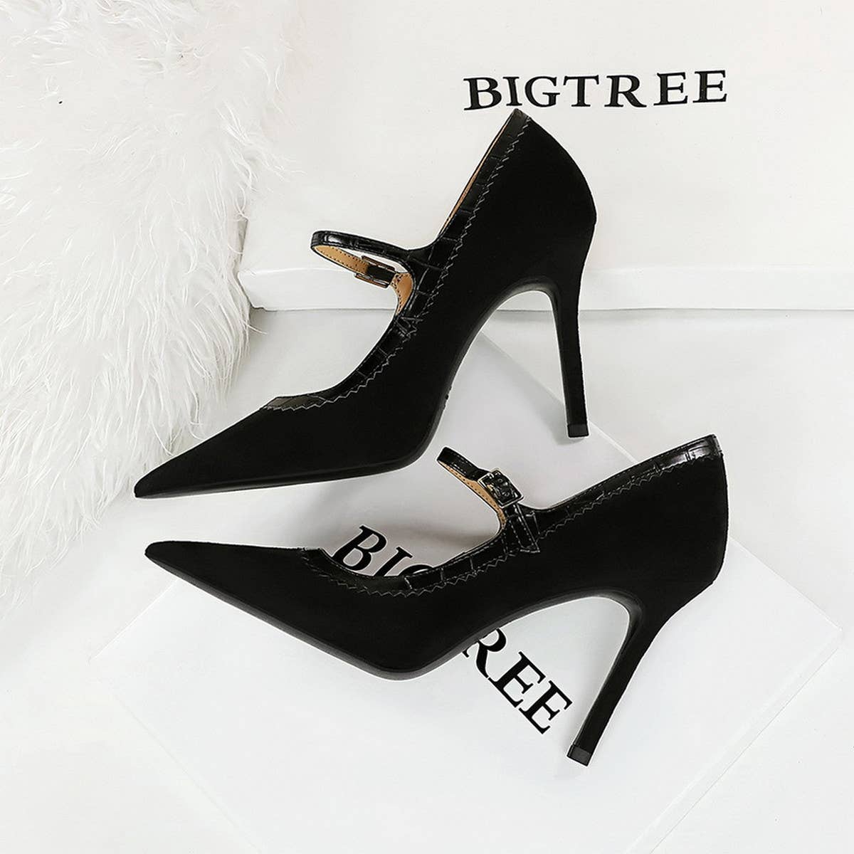 RETRO BLACK SUEDE SHALLOW POINTED TOE HIGH HEELS_CWSHH0111