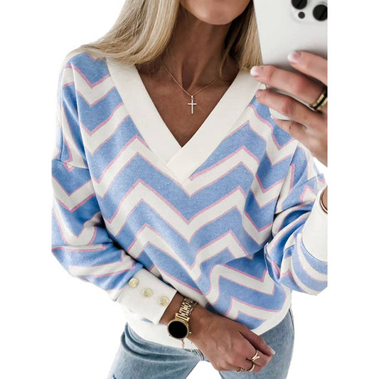 STYLISH LOOSE MATCHING STRIPED V-NECK KNITWEAR