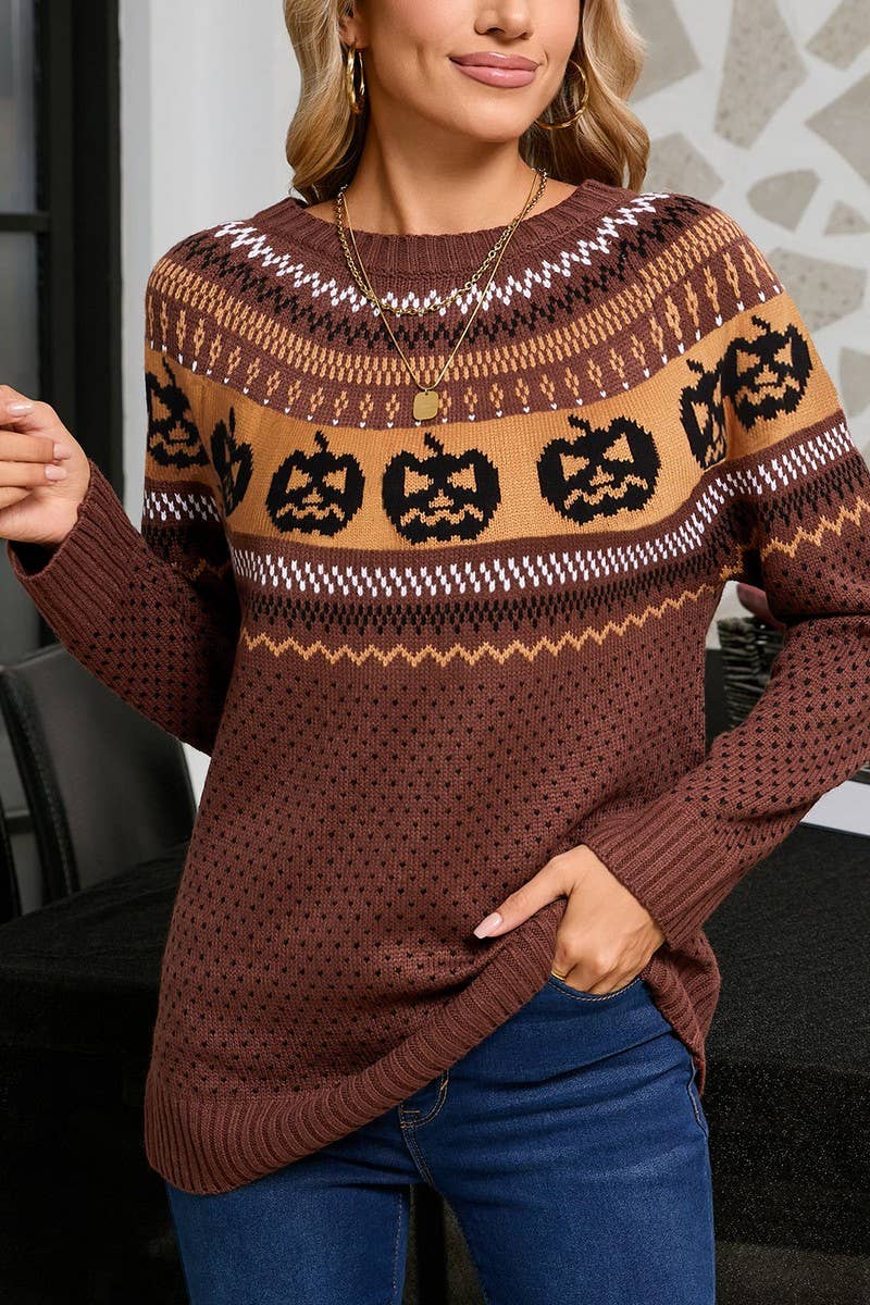 CWOSWL07354_HALLOWEEN PUMPKIN EMBROIDERED POLKA DOT SWEATER