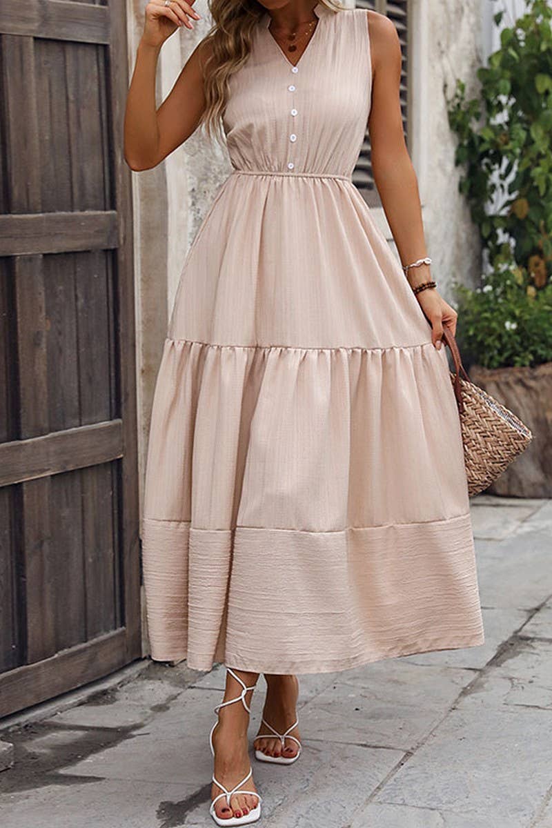 CWDMD1265_V-Neck Sleeveless Detailed Tiered Dress