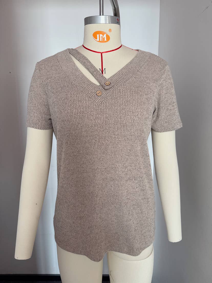 Knitted striped V-neck short-sleeved T-shirt