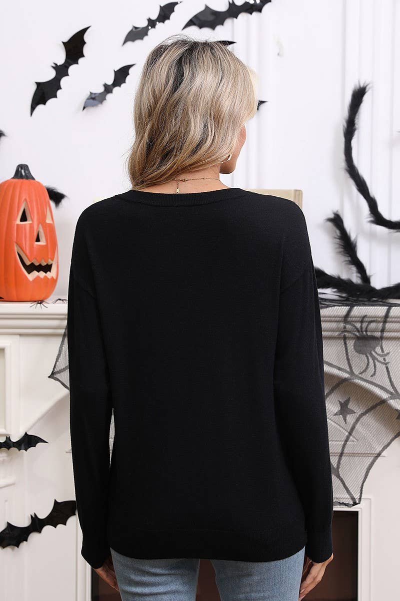 CWOSWL07356_HALLOWEEN EMBROIDERED CASUAL CREWNECK TOP