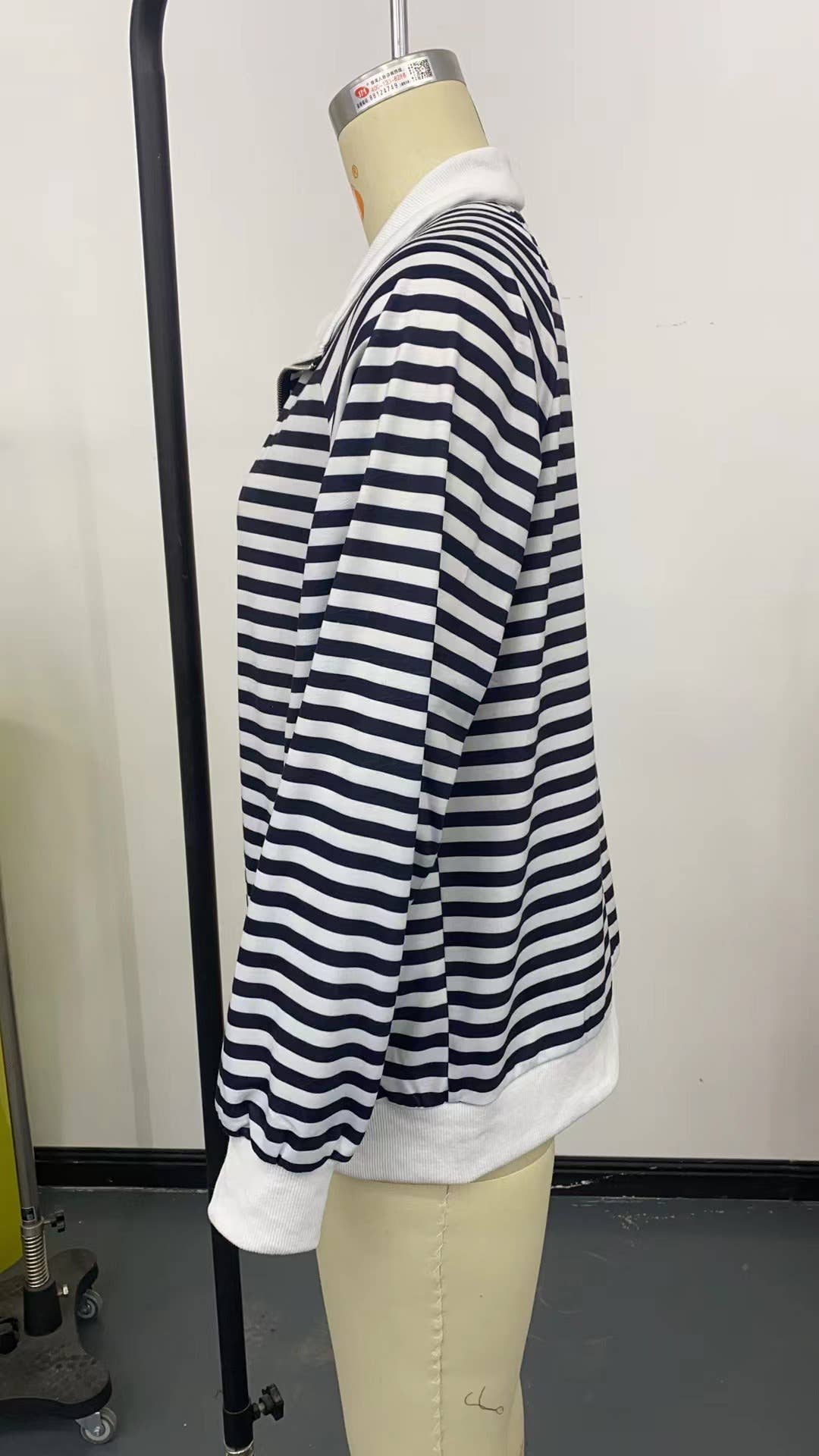 Striped lapel color-blocking zipper cardigan