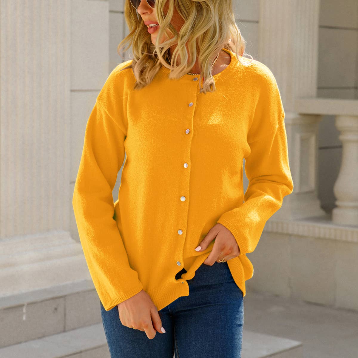 TEMPERAMENT BUTTON KNIT SOLID COLOR CARDIGAN