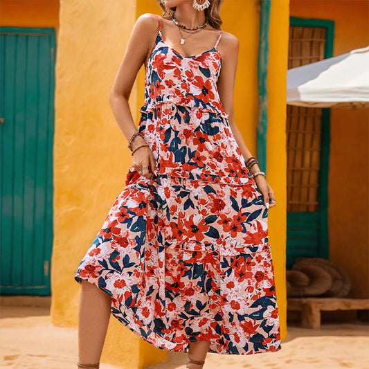 PRINTED HOLIDAY SLIP LONG DRESS