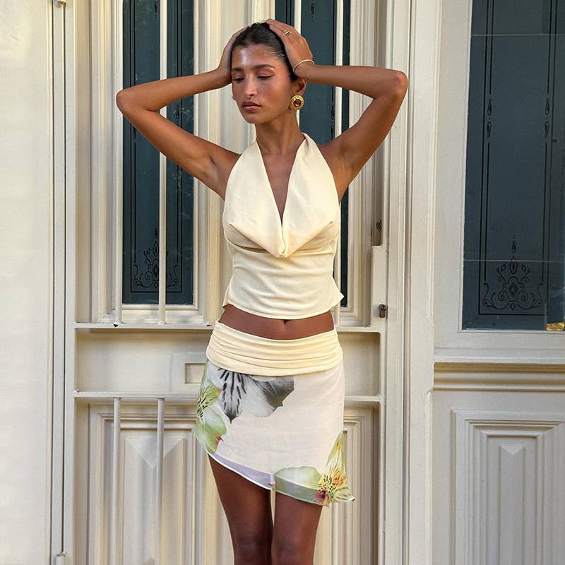 Sexy Halter Cowl Backless Top and Skirt Set