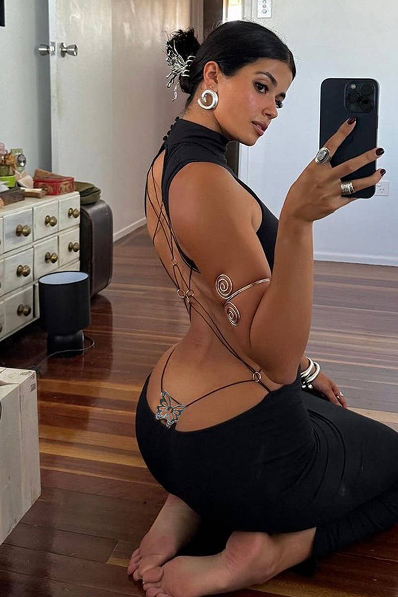 CWDMD4229_SOLID COLOR BACKLESS BOW SLIM FIT HOT GIRL DRESS