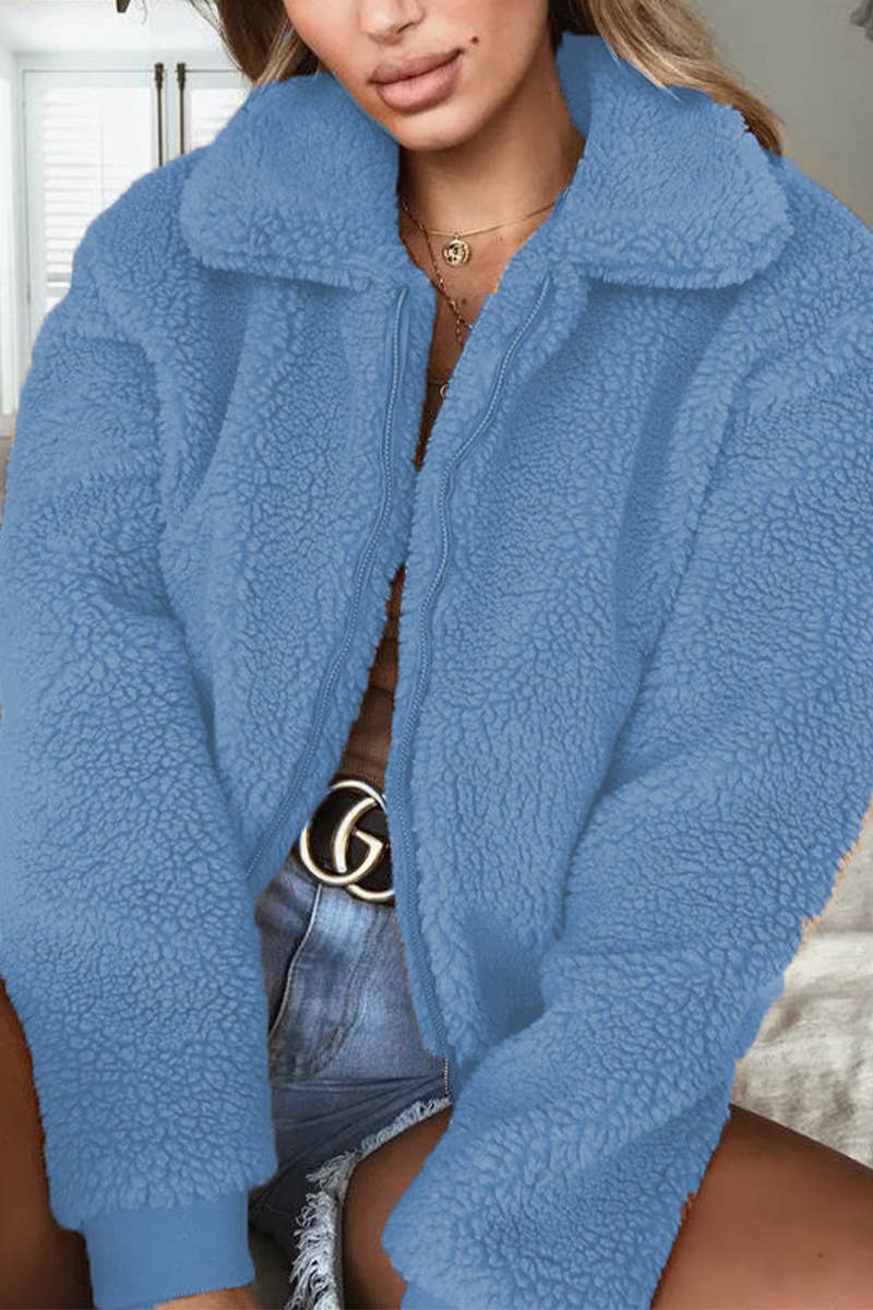 SOLID COLOR LAPEL FLEECE ZIPPER JACKET