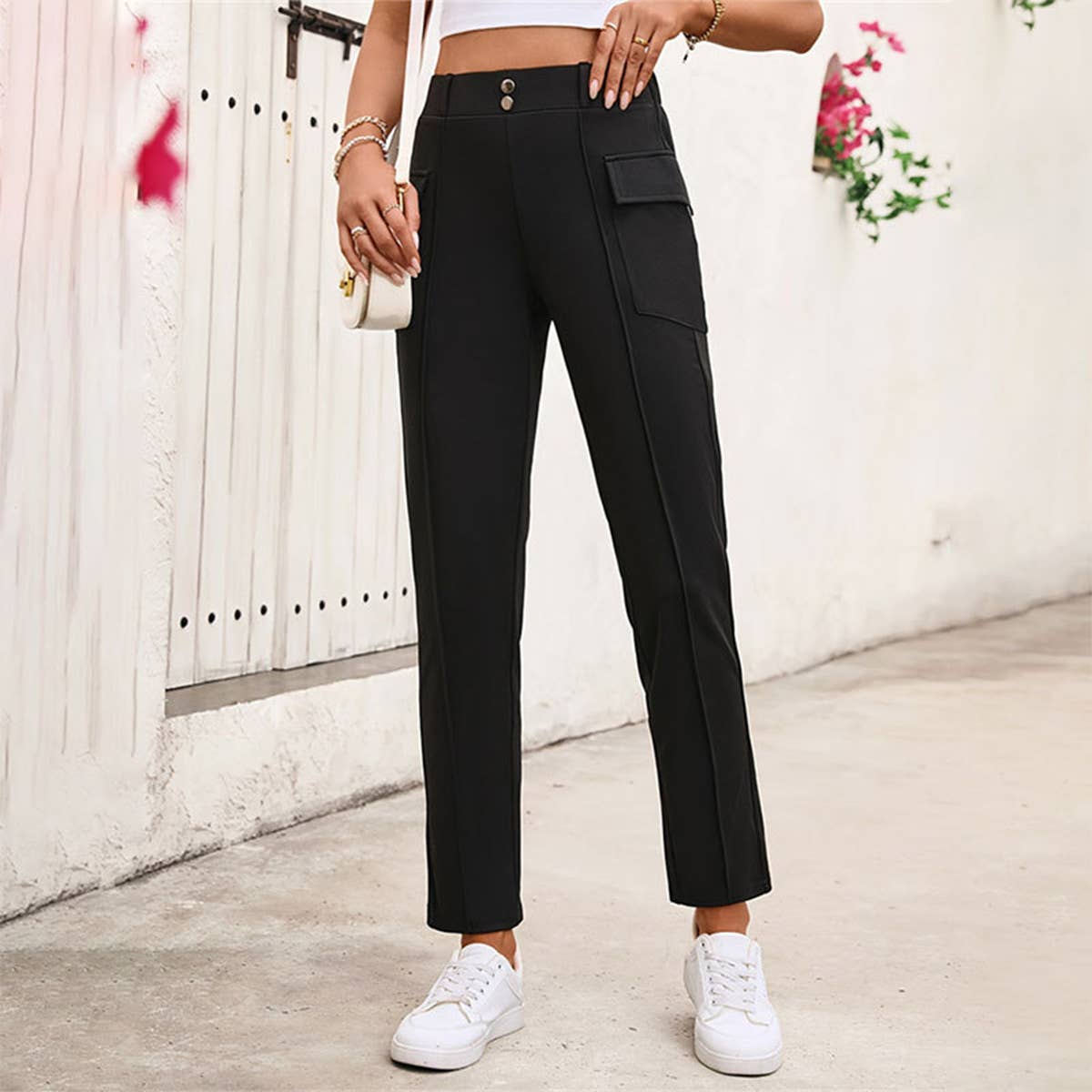 HIGH-WAISTED KNIT BUTTON-UP CASUAL PANTS