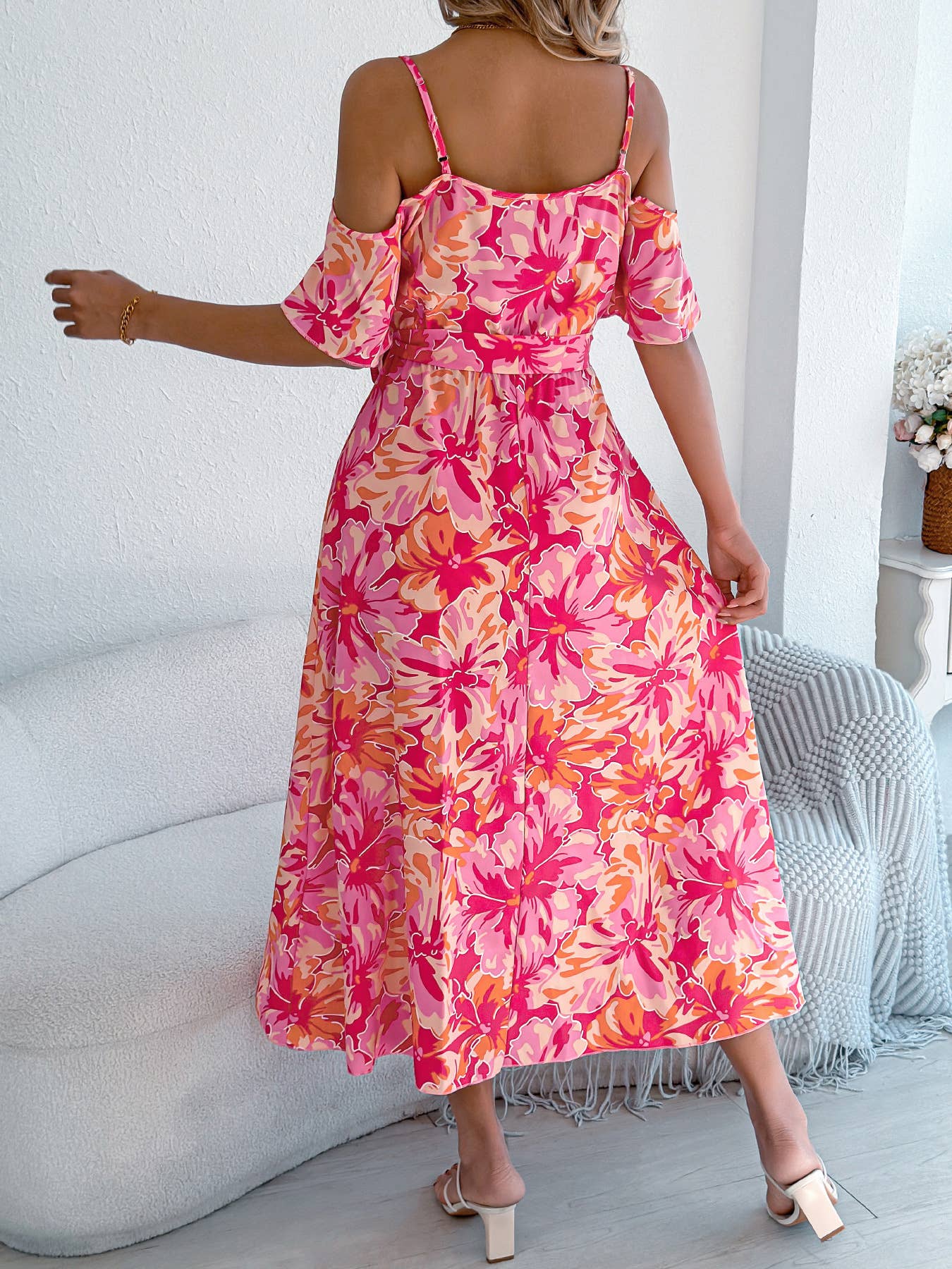 Off-the-shoulder cross-neck printed halter dress