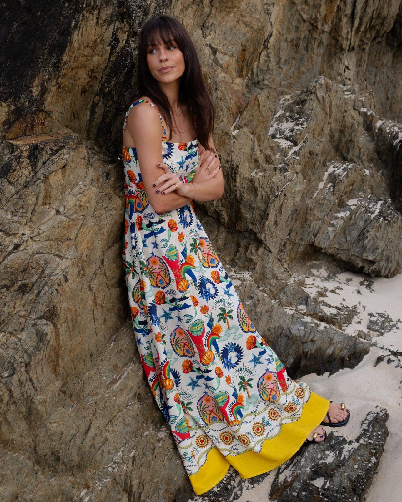 Temperament linen printed tank top swing dress