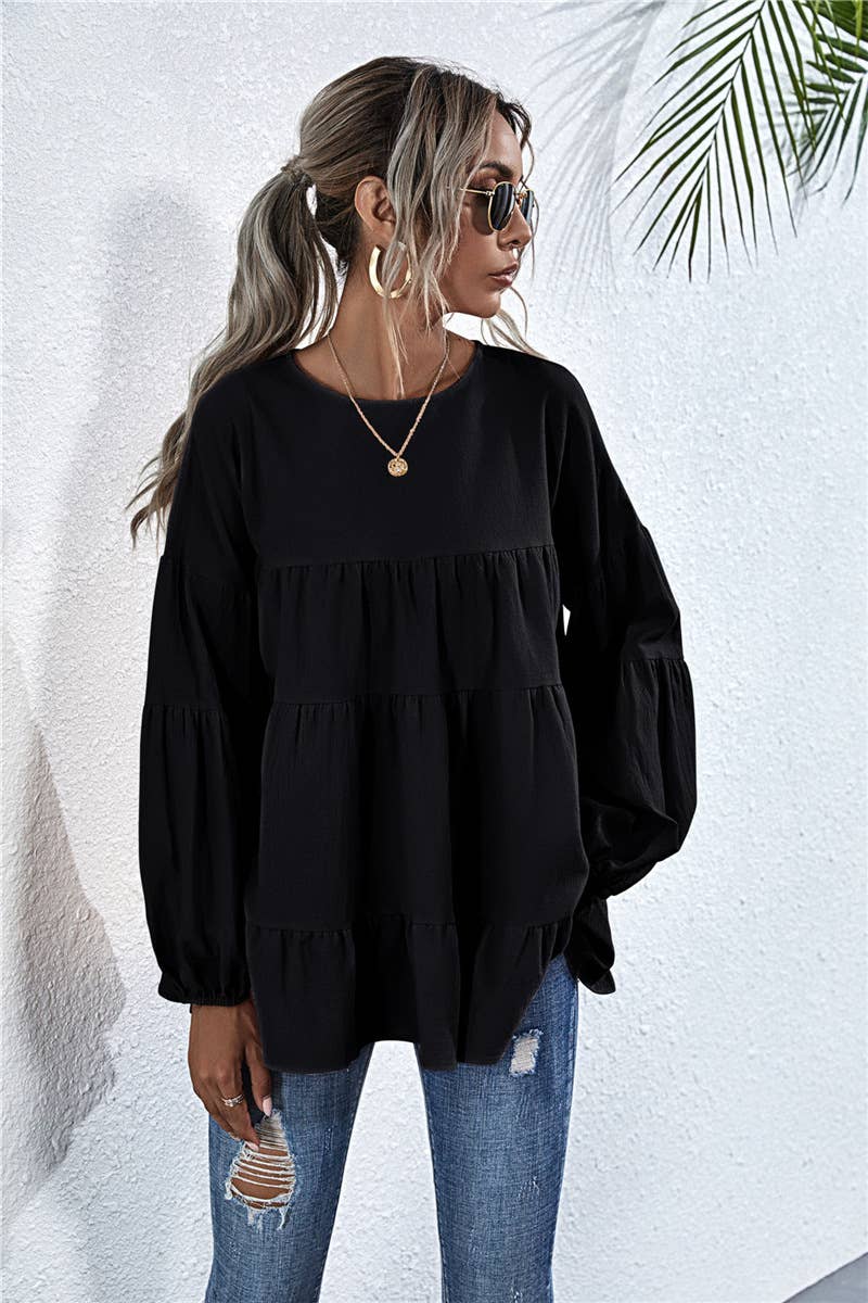 SOLID COLOR ROUND NECK LANTERN SWING LOOSE TOP
