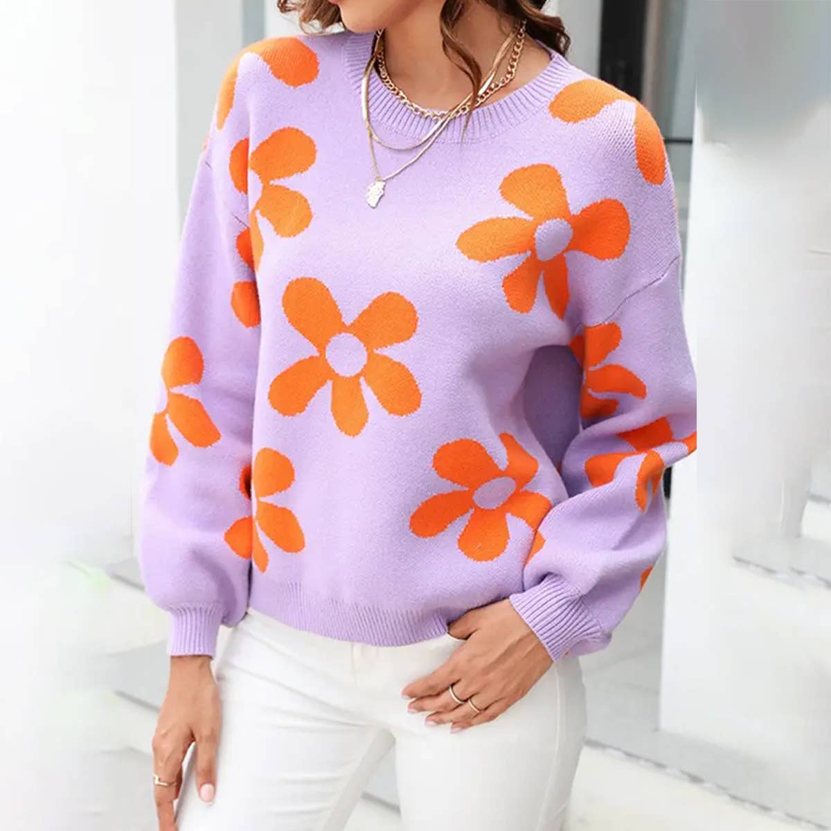 WOMEN FLOWER PATTERN SLIM KNITTED SWEATER_CWOSWL1448