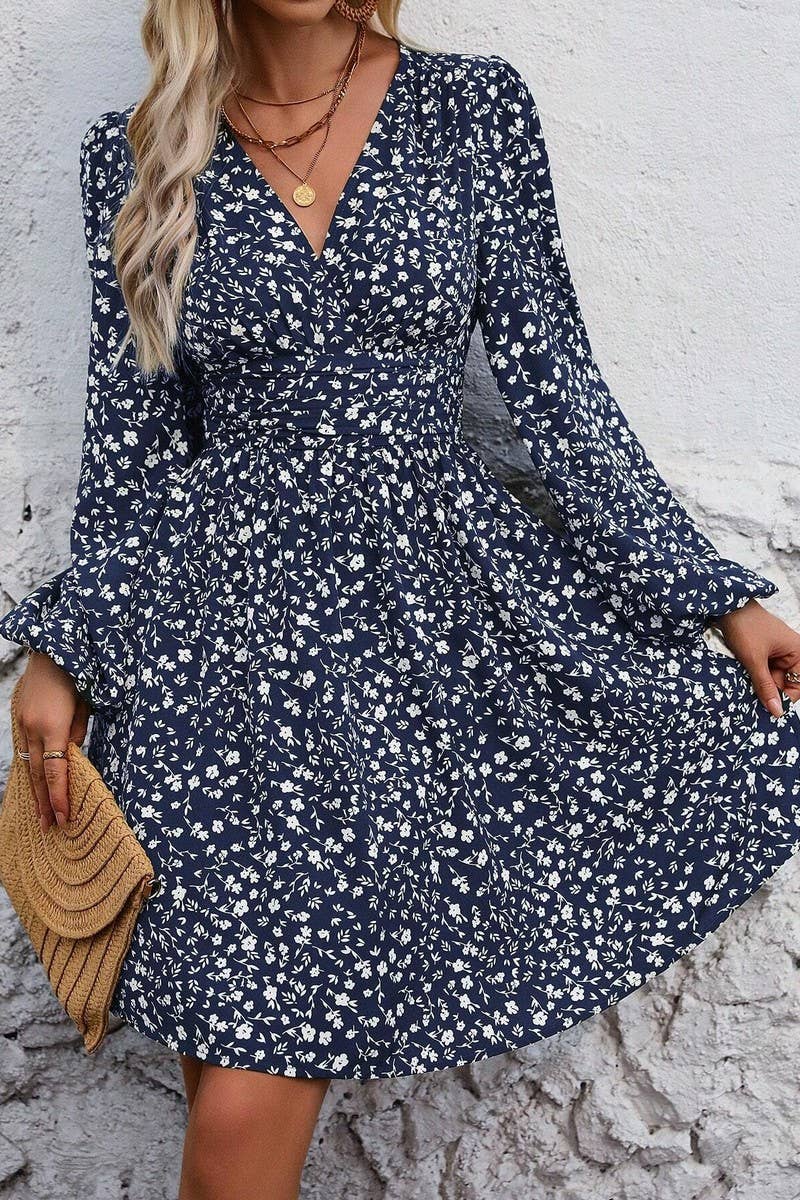 CWDSD8399_V NECK LANTERN SLEEVE RUCHED WAIST DRESS