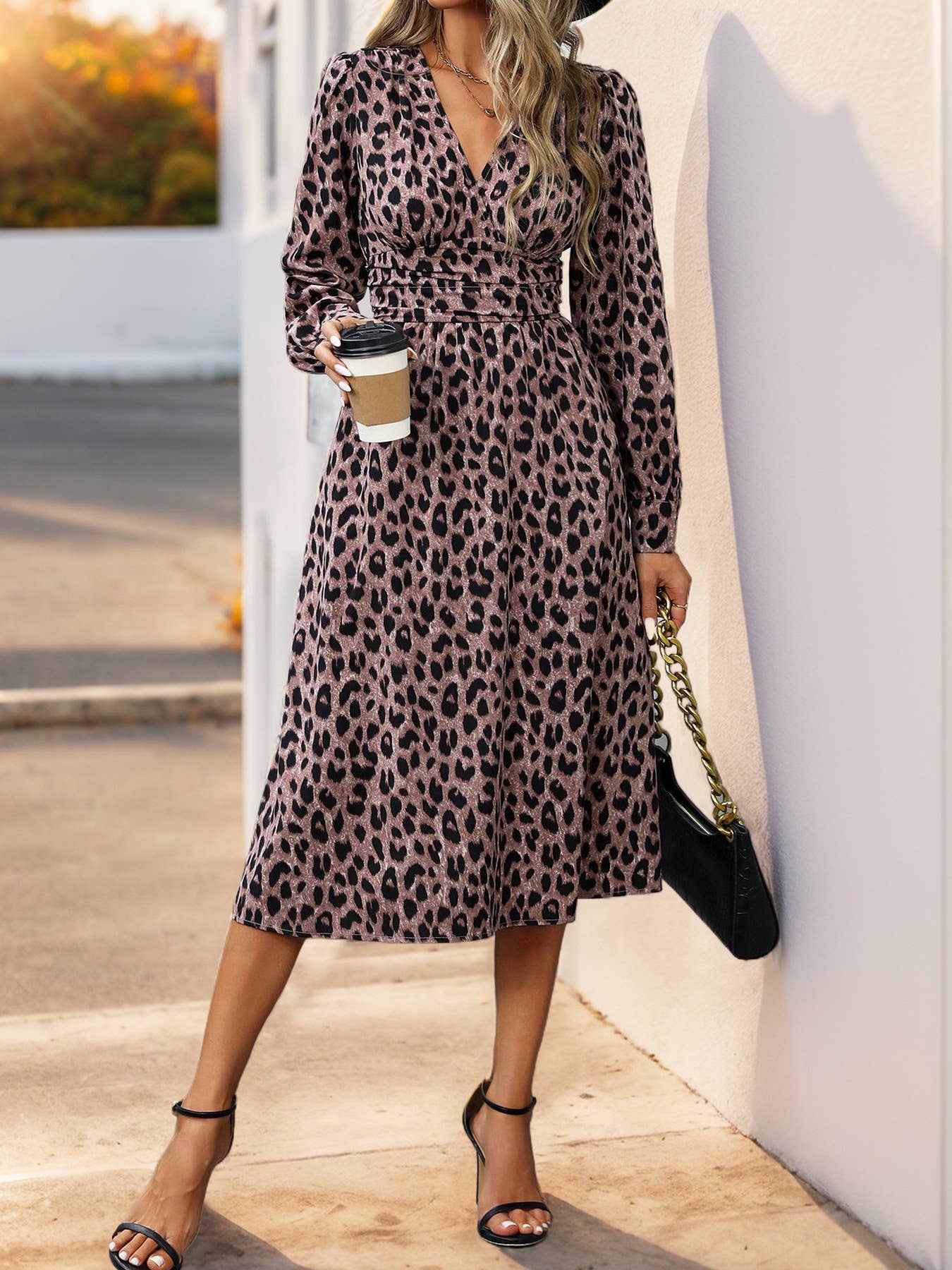 Leopard Print V-Neck Long Sleeve High Waist Dress