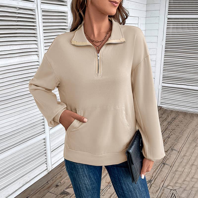 LAPEL LONG SLEEVE TOP ZIPPER LOOSE CASUAL HOODIE