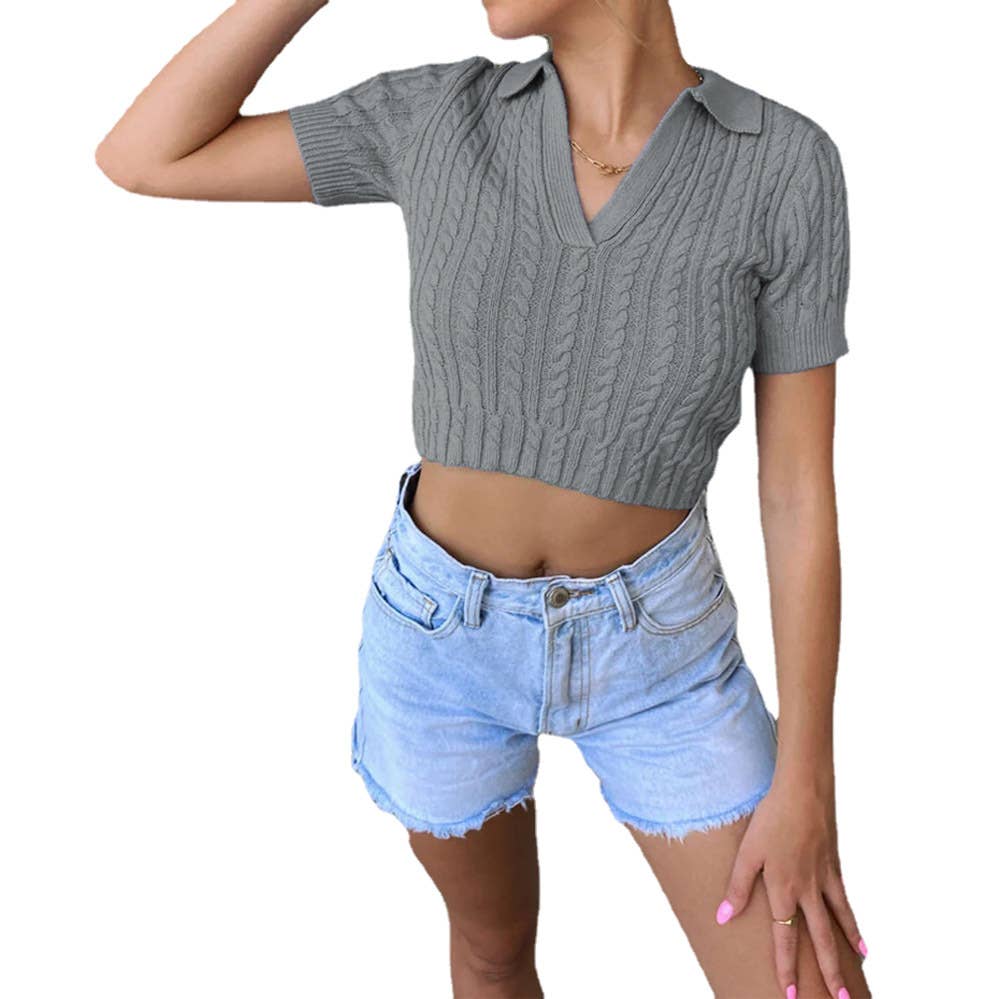 Stylish sexy short-sleeved sweater slim-fit top