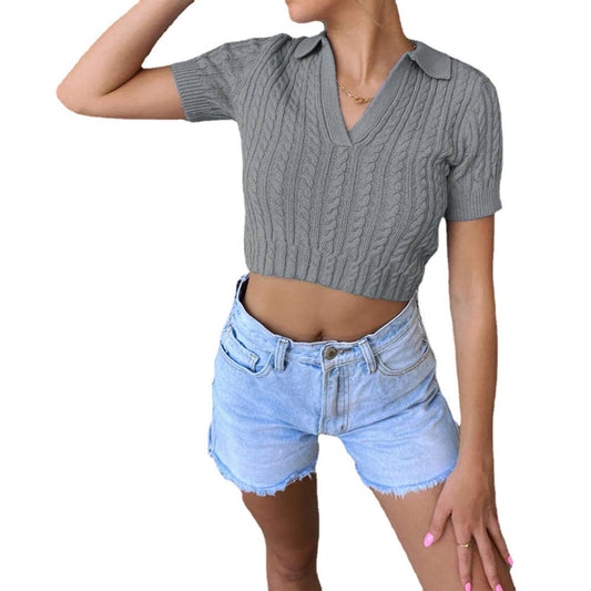 Stylish sexy short-sleeved sweater slim-fit top