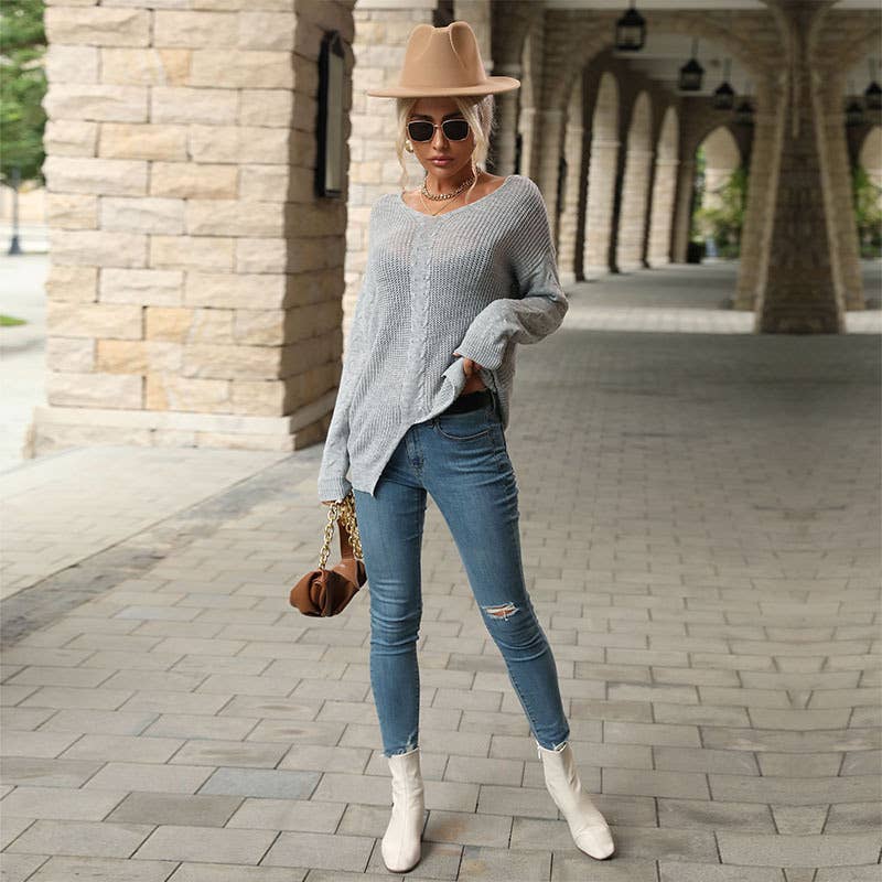 Solid color slouchy sweater lady