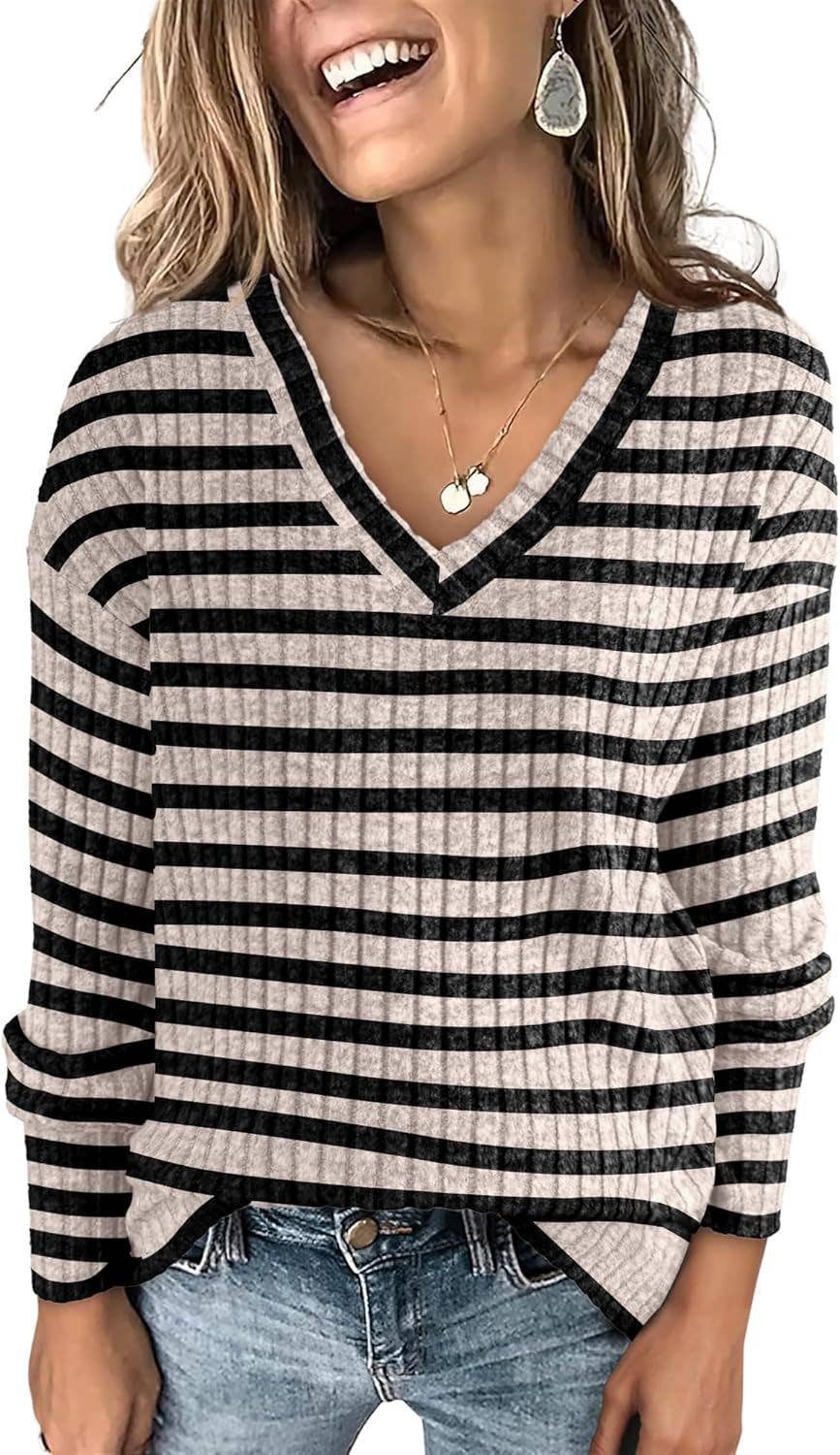 STRIPED COLOR CONTRAST V-NECK LONG SLEEVE SWEATER