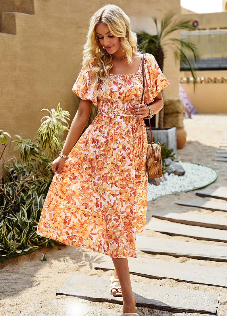 LONG SKIRT WITH PUFFED SLEEVES AND SQUARE COLLAR