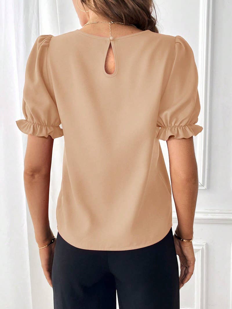 Stylish solid color puffed sleeve crew-neck shirt
