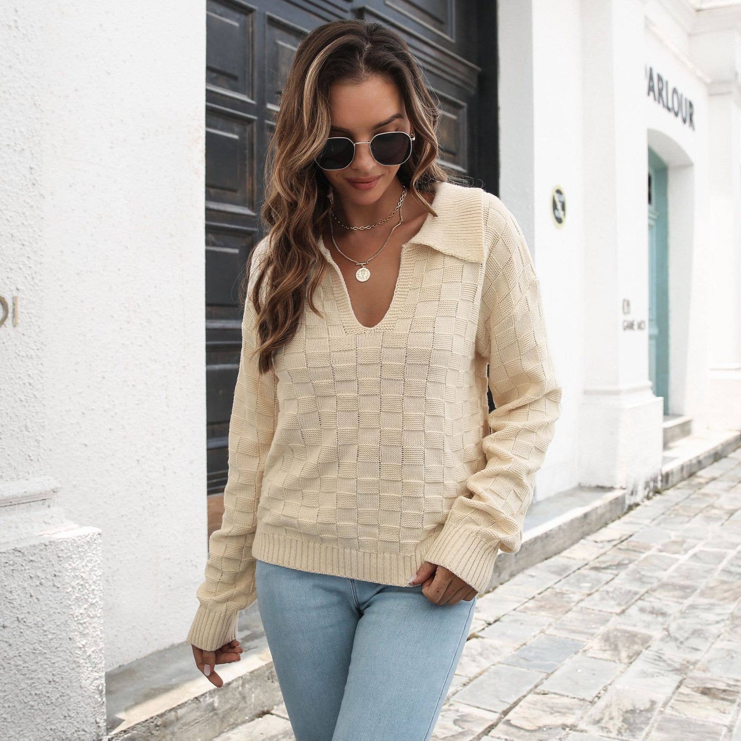 Stereoplaid lapel sweater women loose