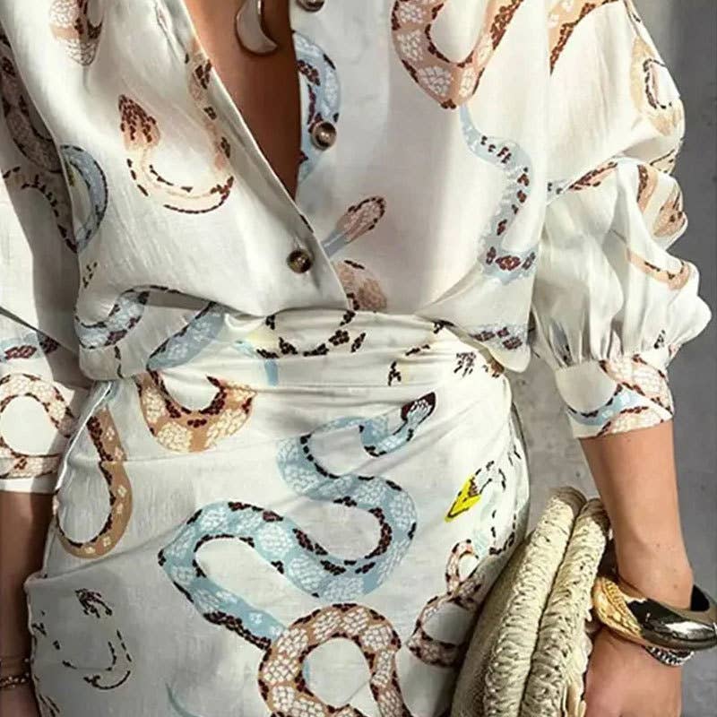 SNAKE PRINT SHIRT SLIT SKIRT LOOSE SUIT