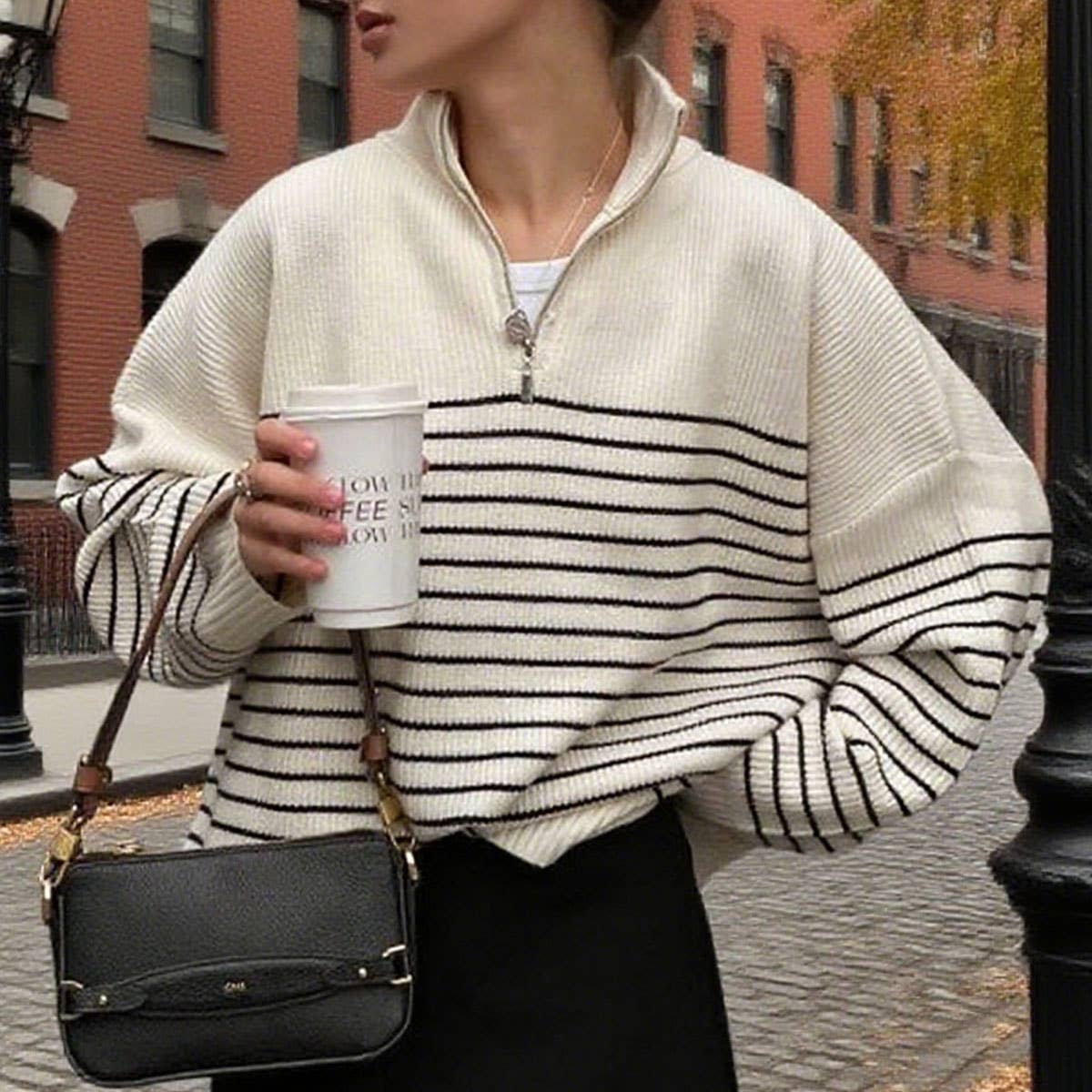 Striped lapel half-zipper knitted sweater