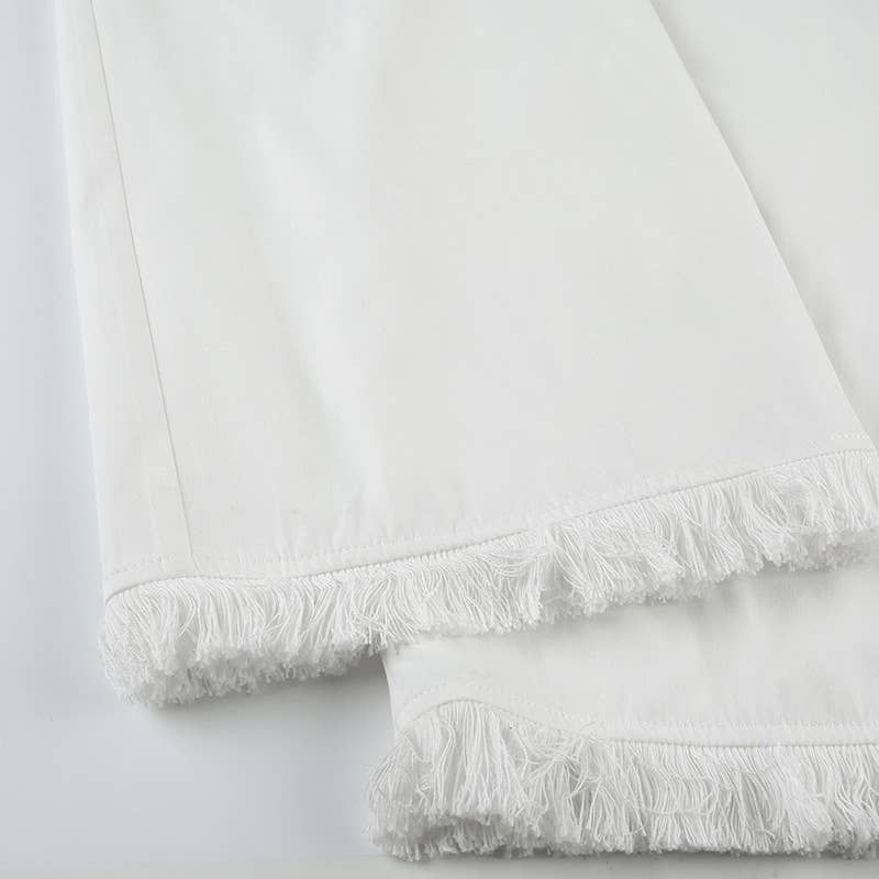 Fringed straight-leg stretched-waist woven pants