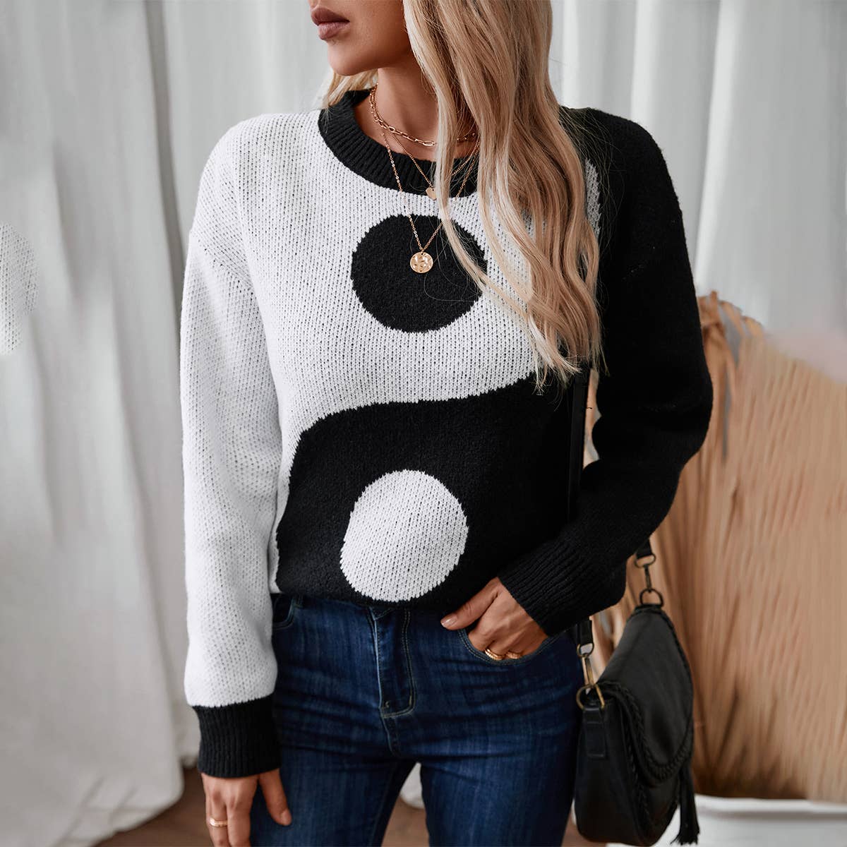 TAI CHI PATTERN PULLOVER LONG-SLEEVED SWEATER