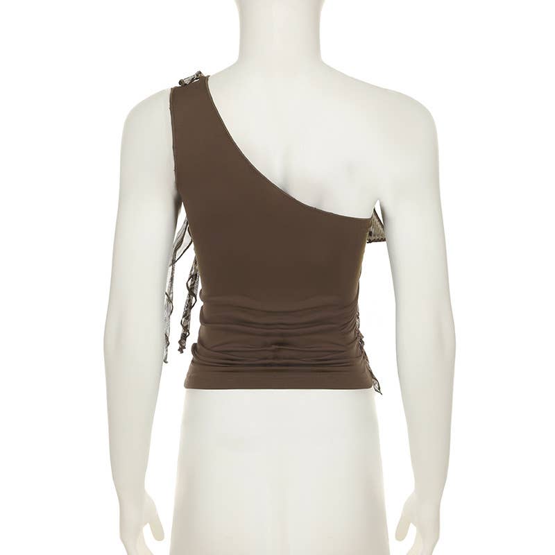 Leopard print spliced wooden ear trim vest