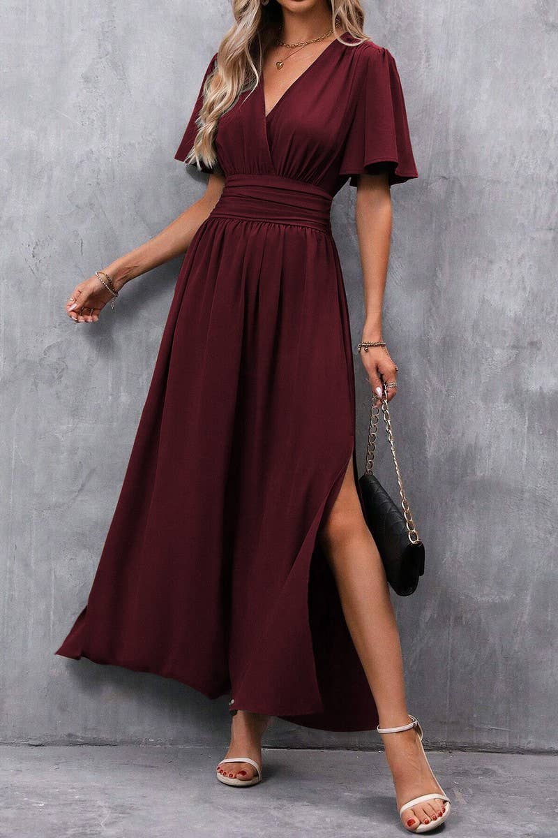 CWDMD4647_SOLID COLOR FLYING SLEEVES HIGH SLIT DRESS