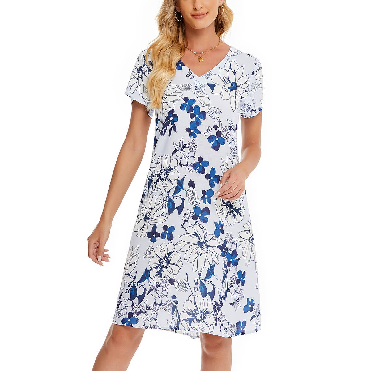 V-NECK FLORAL PRINT SHORT-SLEEVED DRESS