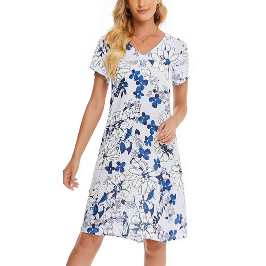 V-NECK FLORAL PRINT SHORT-SLEEVED DRESS