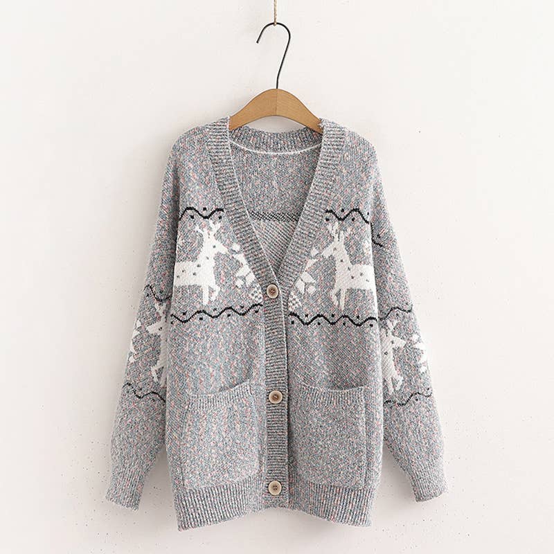 SINGLE BREASTED CHRISTMAS DEER JACQUARD CARDIGAN