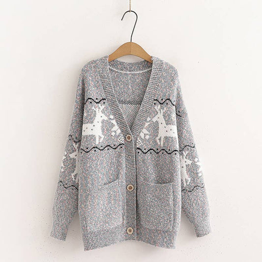 SINGLE BREASTED CHRISTMAS DEER JACQUARD CARDIGAN