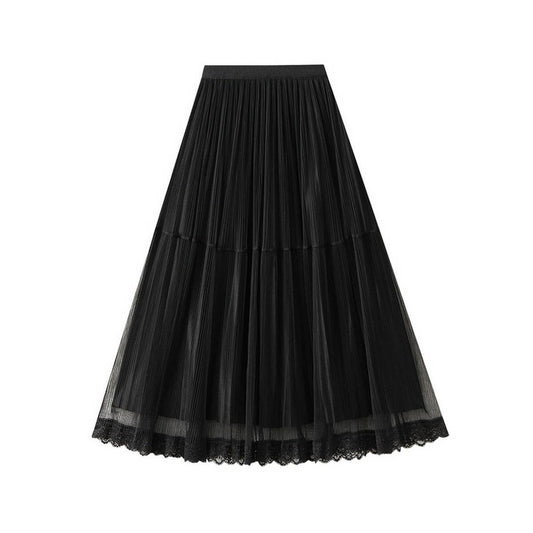 Tulle Lace Trim Pleated Cake Fairy Maxi Skirt