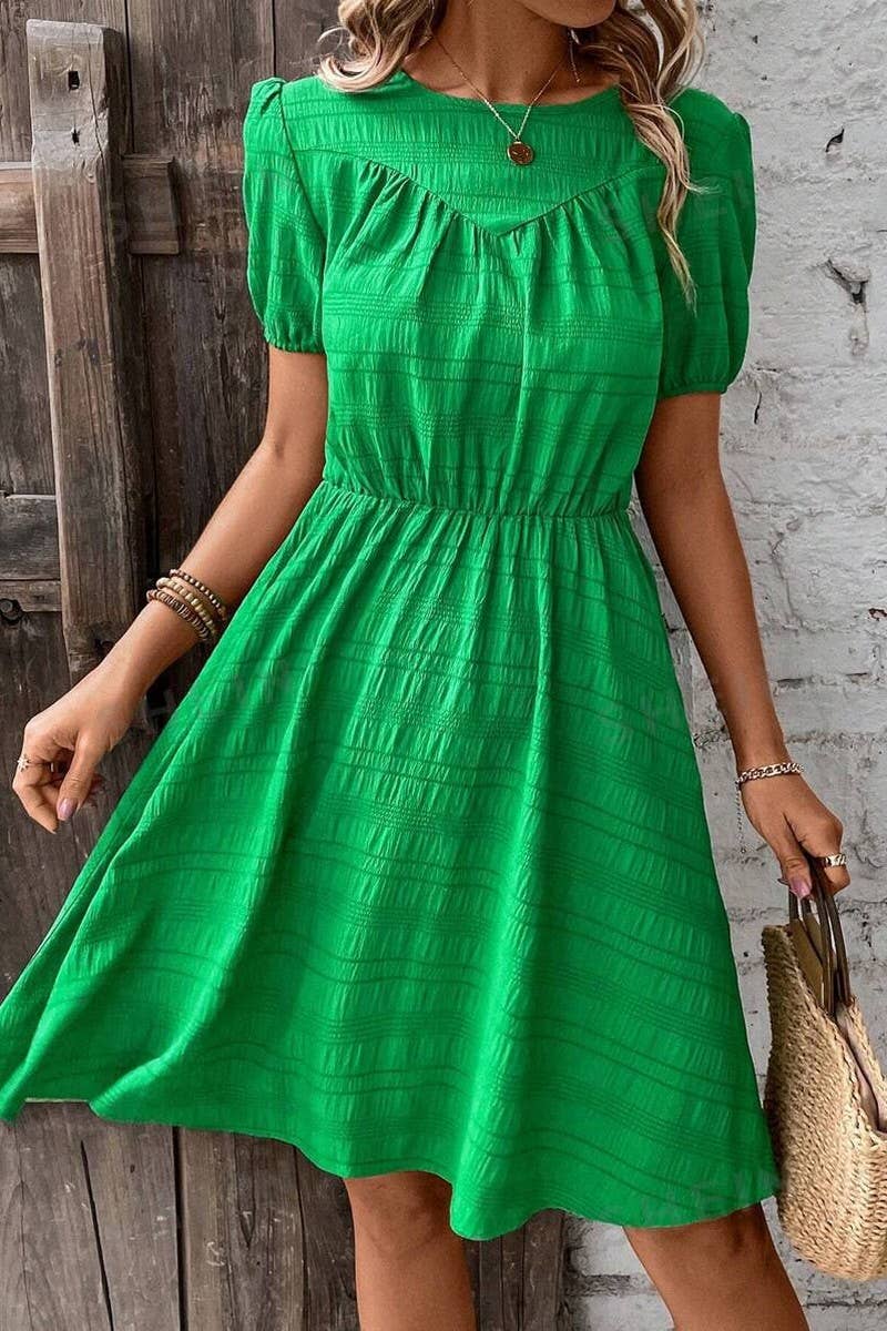 CWDSD10538_SUMMER SOLID COLOR SLIM ELASTIC WAIST DRESS