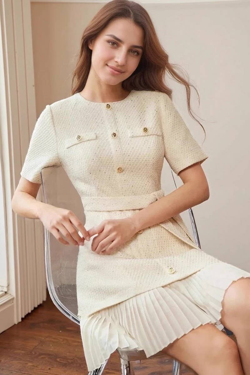 CWDSD8822_CREW NECK TWEED BUTTON TIE PLEATED DRESS