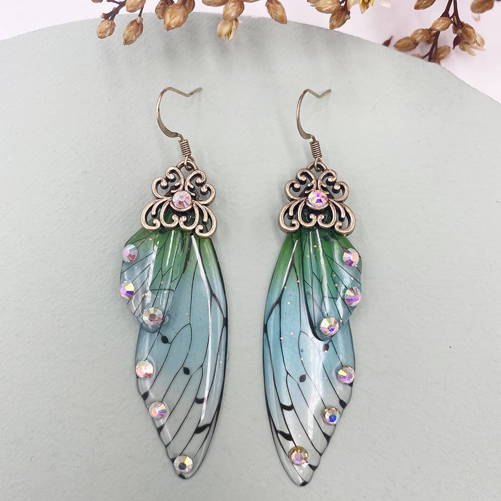 Elegant long earrings with cicada wing wings