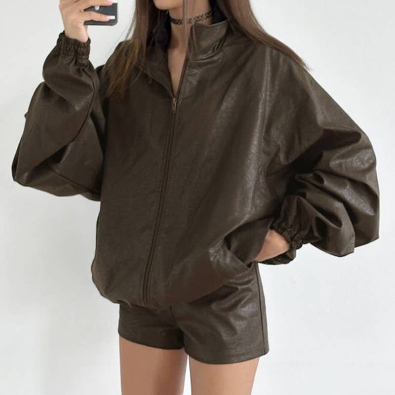 VINTAGE SIMPLE LOOSE ZIP-UP LAPEL WOMEN'S JACKET