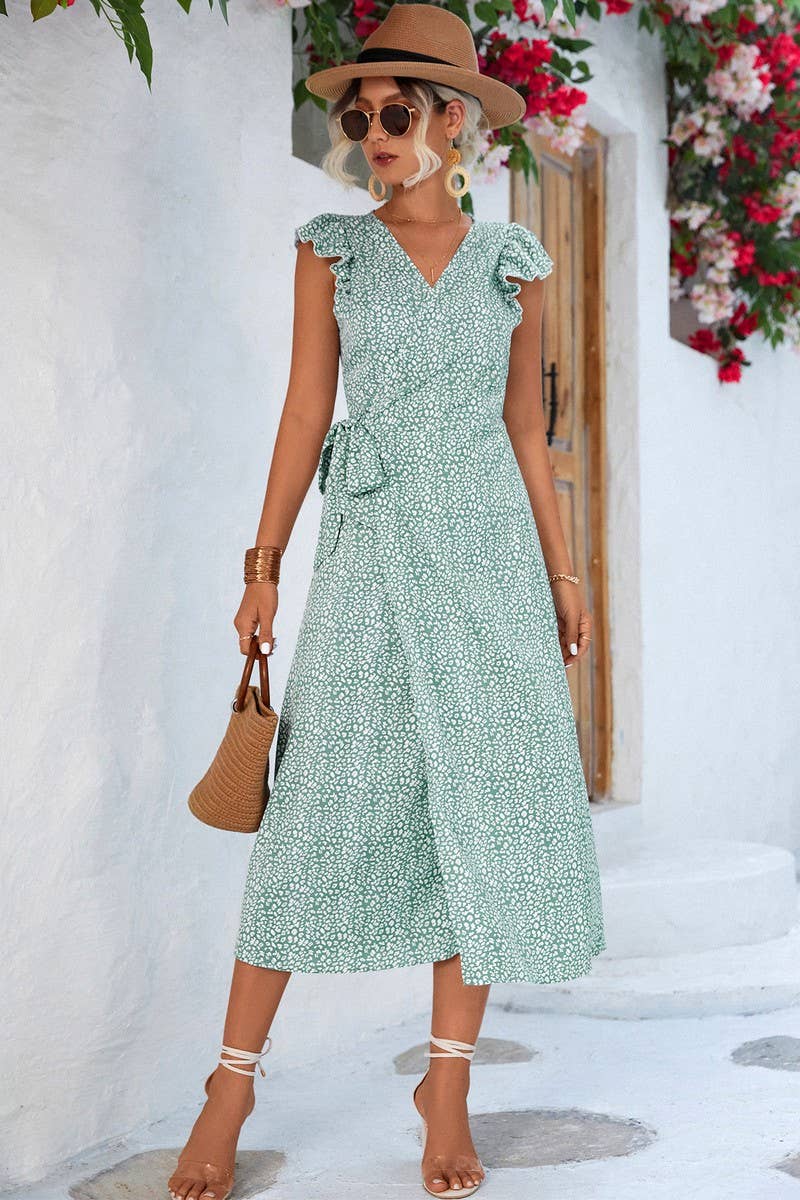 CWDMD4829_SPRING AND SUMMER TRUMPET SLEEVE SLIT DRESS