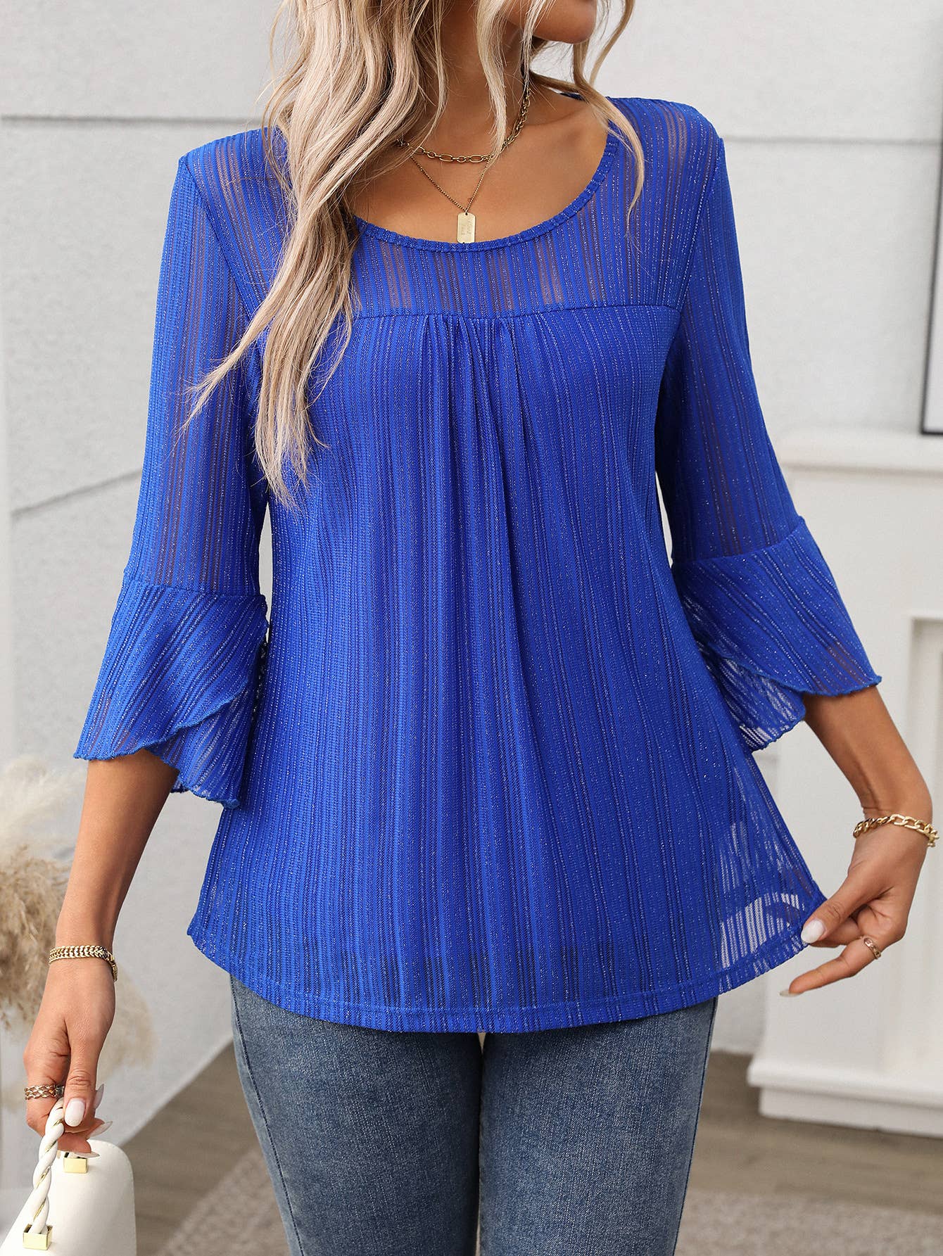 Elegant round neck lotus sleeve glitter gauze top